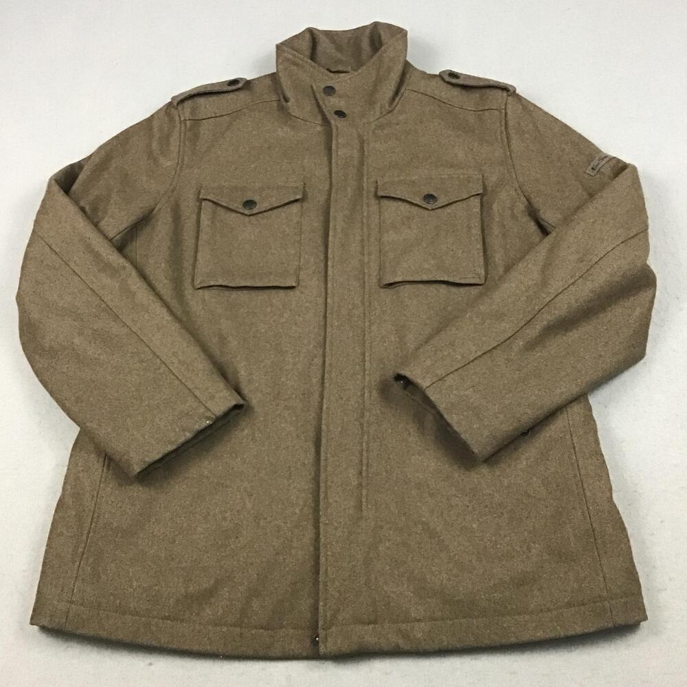 Ben Sherman Coat Men Large Brown Military Tweed Lined Pockets Mid-Length L